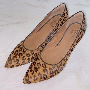 Clark’s indigo calf hair leather leopard heels